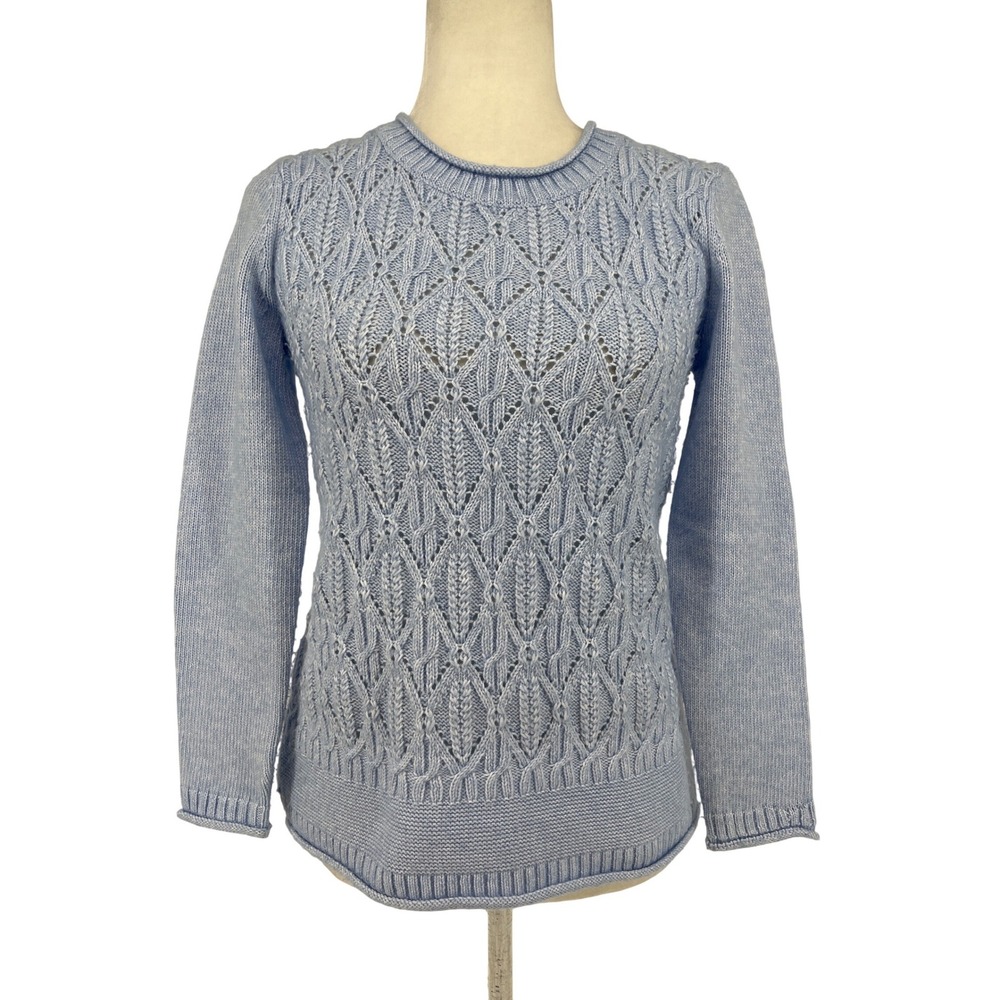Talbots Petite Light Blue Pointelle Diamond Knit Crew Neck Sweater P Womens